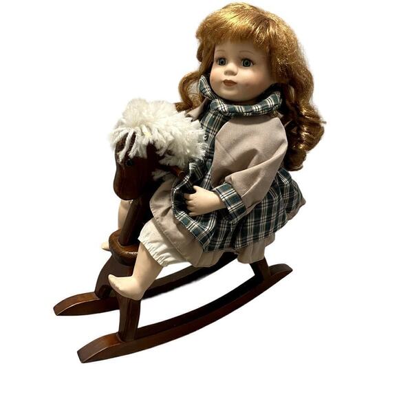 Vintage Porcelain Doll on A Wooden Horse Rocker - Picture 1 of 10